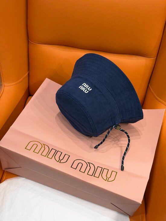 Miu Miu Navy Blue Logo Embroidered Bucket Hat with Drawstring main image 7